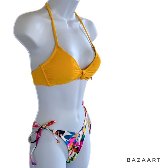 Xhilaration Yellow Bralette Bikini Top & Floral String Bikini Bottom - Picture 4 of 8